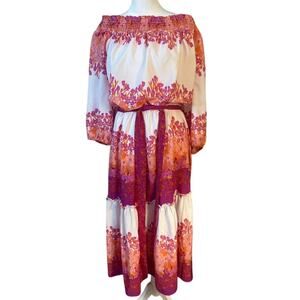 Maison Tara Off the Shoulder Floral Print Tie Waist Midi Dress Plus‎ Size 16W